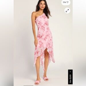 Lulus Flirty and Free One Shoulder Midi Dress Size M Coquette Floral Ruffle
